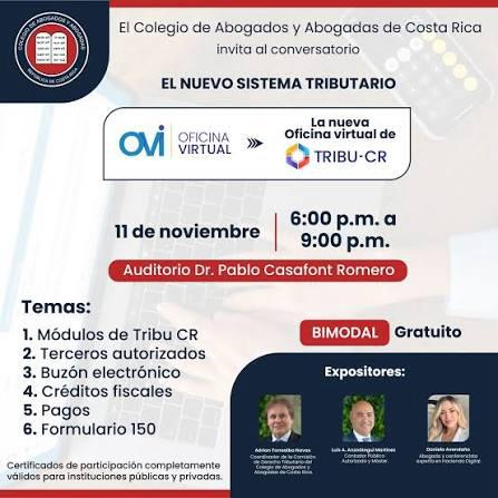 Flyer del conversatorio El nuevo sistema tributario del Colegio de Abogados y Abogadas de Costa Rica.