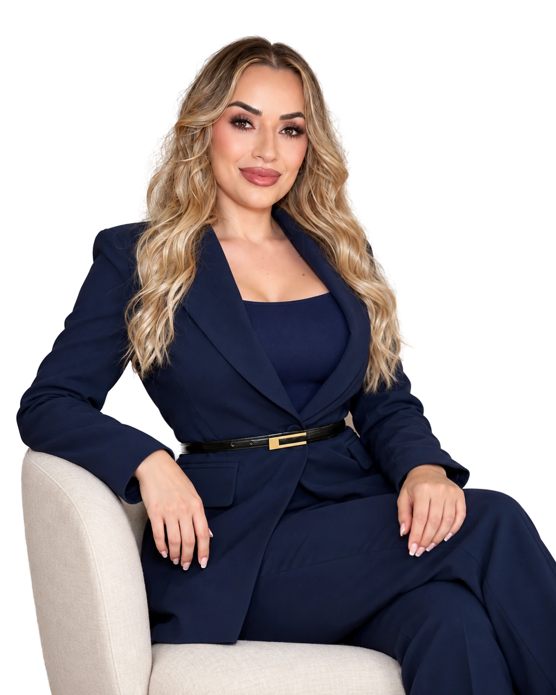 Licda. Daniela Avendaño sentada en un sillón claro, con traje azul marino