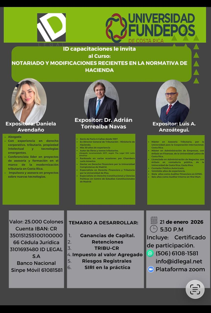 Flyer de FUNDEPOS e ID Capacitaciones para el curso Notariado y modificaciones recientes en la normativa de Hacienda del 21 de enero de 2026.