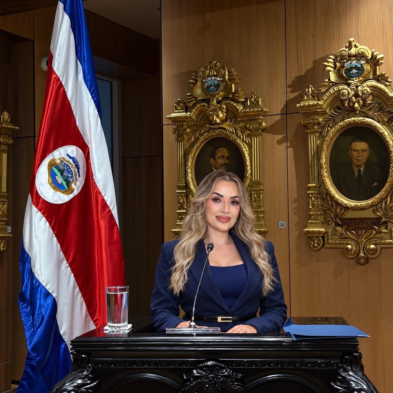 Licda. Daniela Avendaño en el podio junto a la bandera de Costa Rica.