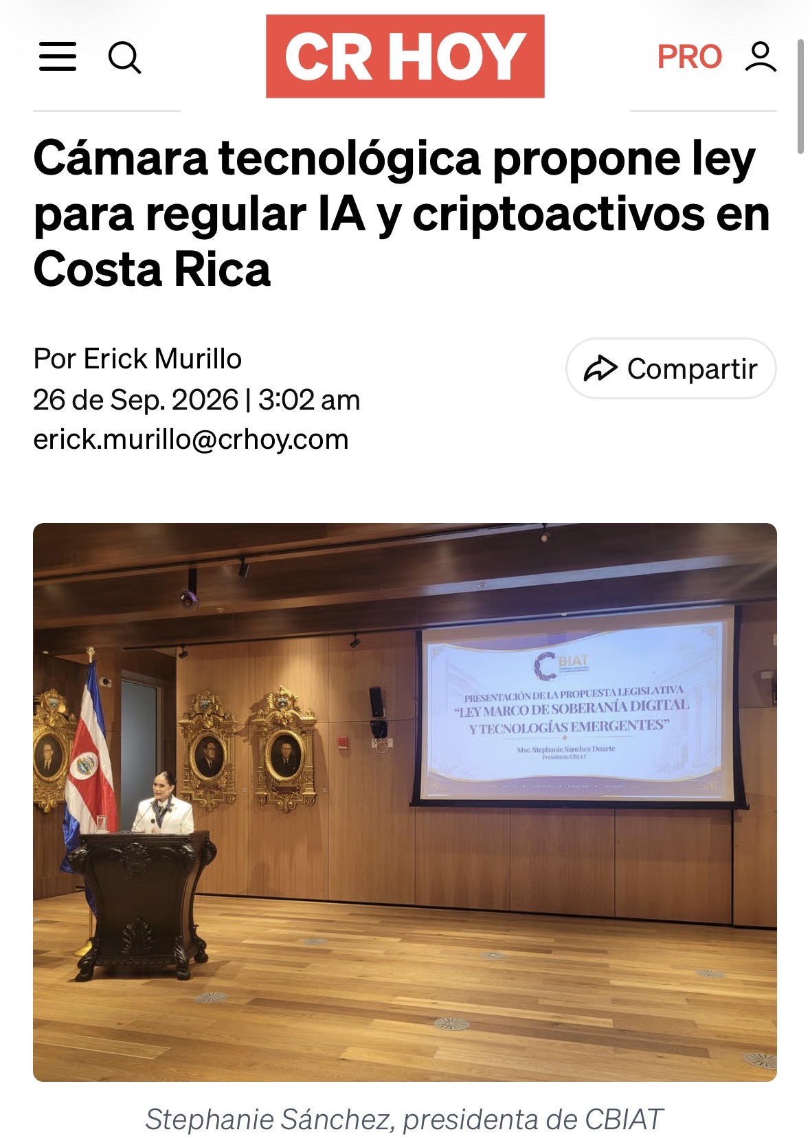 Captura de CR Hoy sobre la propuesta de ley para regular IA y criptoactivos.