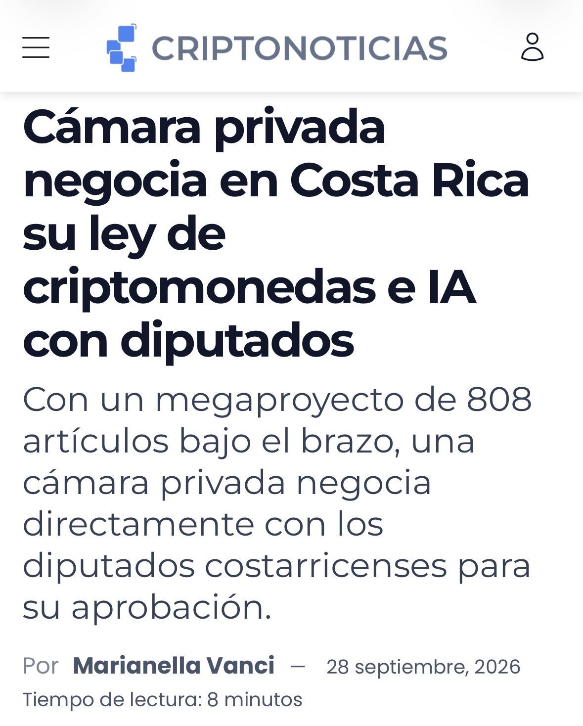 Captura de CriptoNoticias sobre la propuesta de ley de criptomonedas e IA.