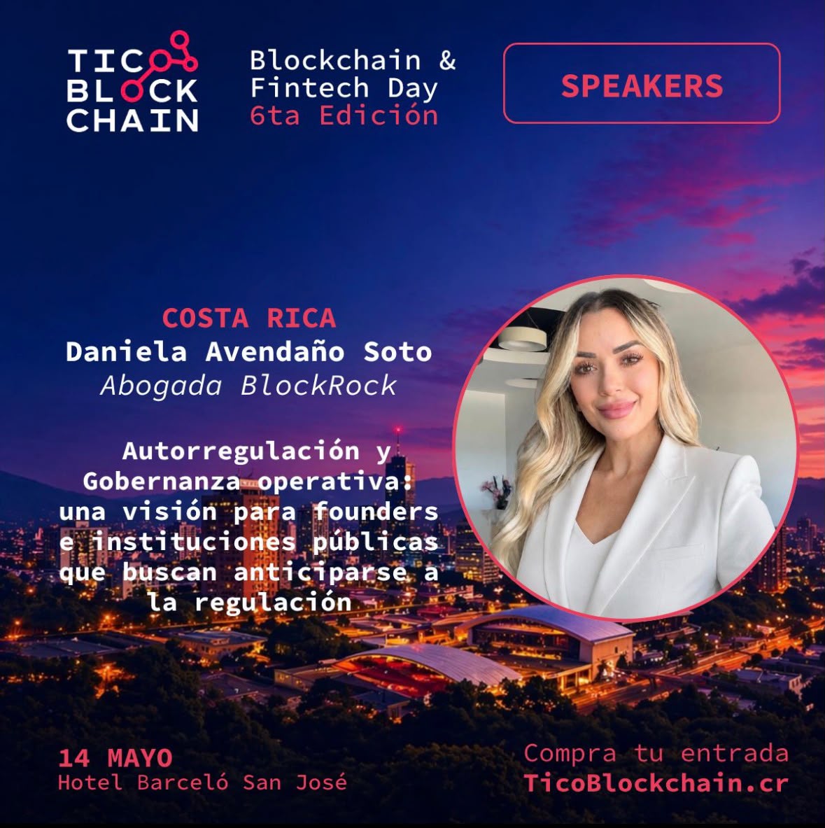 Flyer de Licda. Daniela Avendaño como conferencista en TicoBlockchain 2026.