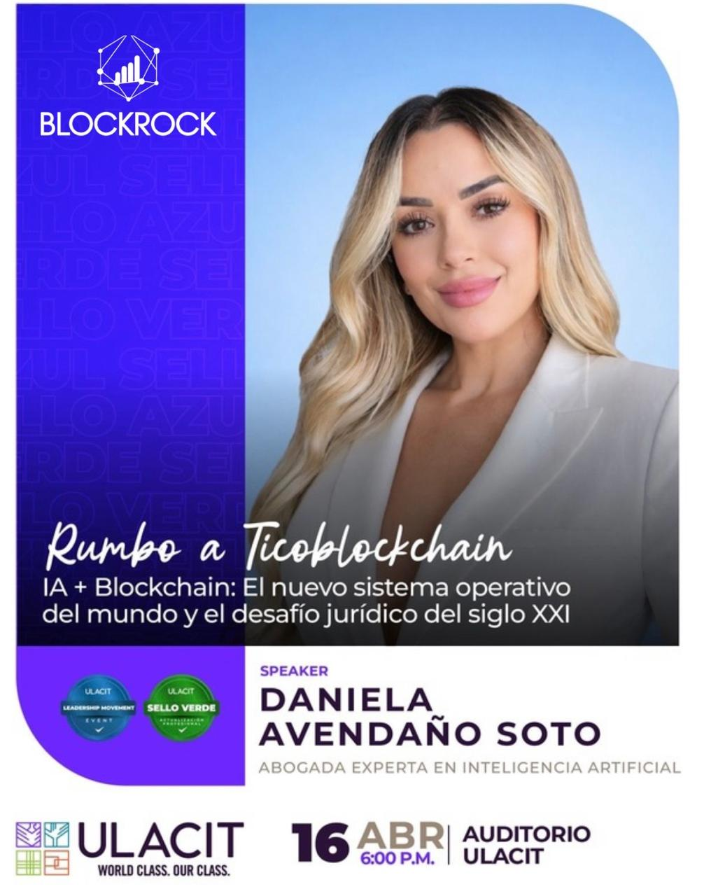 Flyer de la charla de Licda. Daniela Avendaño sobre inteligencia artificial y blockchain en ULACIT.